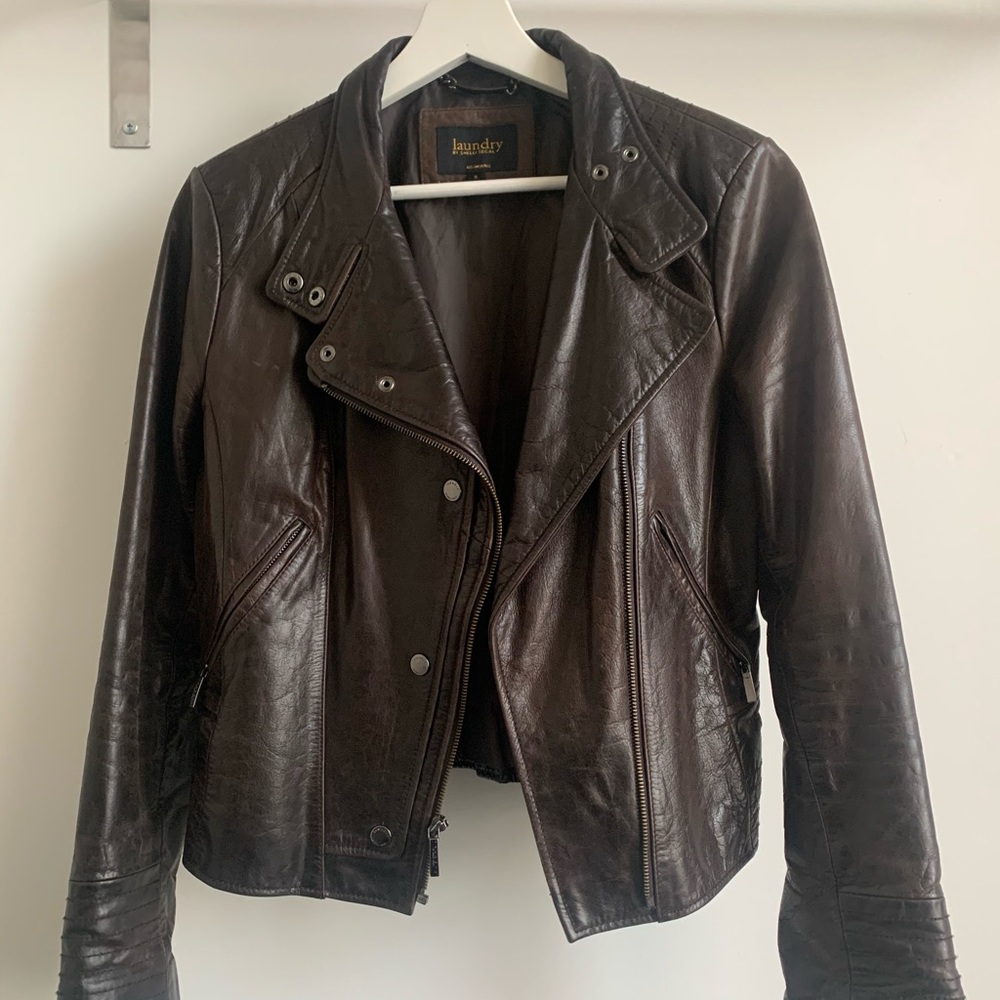 Cognac leather moto jacket Laundry by Shelli Segal - Picture 2 of 12
